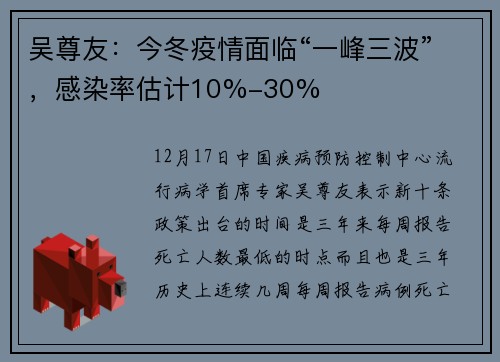吴尊友：今冬疫情面临“一峰三波”，感染率估计10%-30%