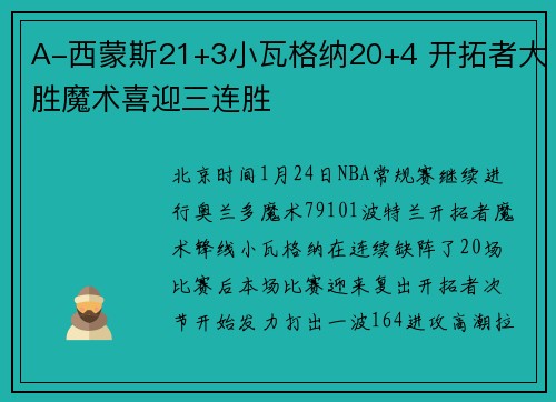 A-西蒙斯21+3小瓦格纳20+4 开拓者大胜魔术喜迎三连胜