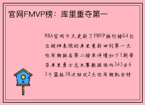官网FMVP榜：库里重夺第一